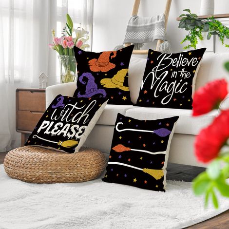 4er-Set Halloween-Kissenbezüge aus Leinen mit dem Aufdruck „Happy Halloween Trick or Treat“ – Kissenbezug für Sofa, Couch, Bett, Dekoration (45 x 45 cm) (1/4)
