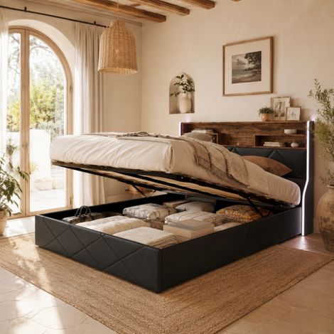 Lit 140x200 coffre, lit adulte en hydraulique avec LED et USB/Type C, Cadre de Lits Capitonnée 2 Personnes, tête de lit rangement en PU, Noir, sans matelas, MDF, avec barre de maintien pour matelas