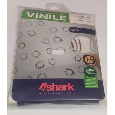 SHARK - TENDA DA DOCCIA COMPLETA DI GANCI IN VINILE LINEA SLOW 180x200h cm - COLORE BIANCO CON DECORAZIONI MARRONI