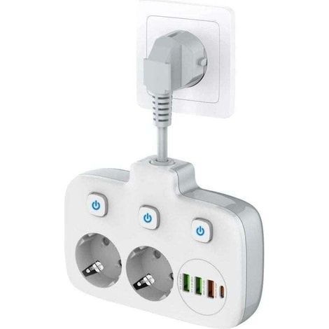 Multiprise à interrupteur unique 2 compartiments, XU, Multiprise avec 3 interrupteurs, Double fiche murale avec 4 USB,adaptateur de prise avec protection contre les surtensions, Sécurité enfant - KZQ