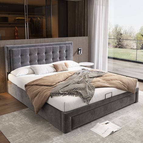 Upholstered Bed,Double Bed, Velvet Fabric, Large Storage Space,With Slats and Headboard,Without Mattress,Grey,135x190cm