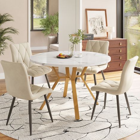 Ensemble table à manger 5 pièces ronde imitation marbre pieds dorés, 4 chaises velours beige design salon salle à manger