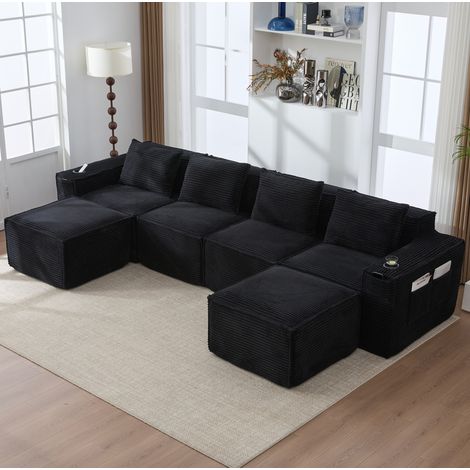 Divano modulare 4 posti in velluto a coste nero, 2 pouf, portabicchieri e tasche, OKWISH (1/5)