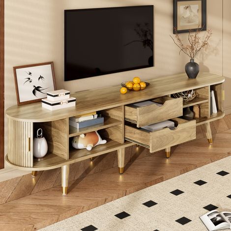 Meuble TV, meuble tele bas portes coulissantes rangements et 2 tiroirs, 175x38x45 cm, détails dorés, MDF chêne clair (1/5)