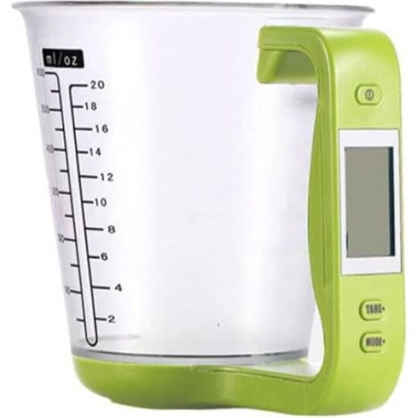 Verre doseur électronique multifonction pour cuisine, avec écran LCD amovible, permettant de mesurer le poids, la température et le volume. Couleur verte. (1/4)