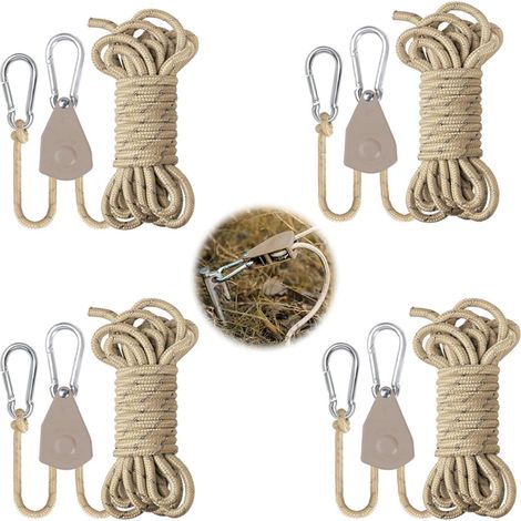 (4 Pièces) Corde à Cliquet avec Crochet, 4m Corde de Tente Réfléchissante, 4mm Crochet à Cliquet de Poulie, Réglable, pour Camping,Randonnée,Tente (1/5)