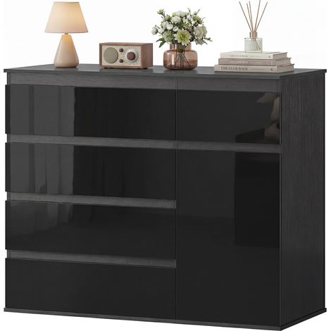 Modernes Sideboard mit 5 Schubladen, verstellbarem Einlegeboden, Soft-Close-Tür, Staufach, glänzend schwarz