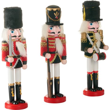 Conjunto de 3 figuritas decorativas de cascanueces de madera de pino con boca que se abre hecha a mano rojo Lagan (1/5)