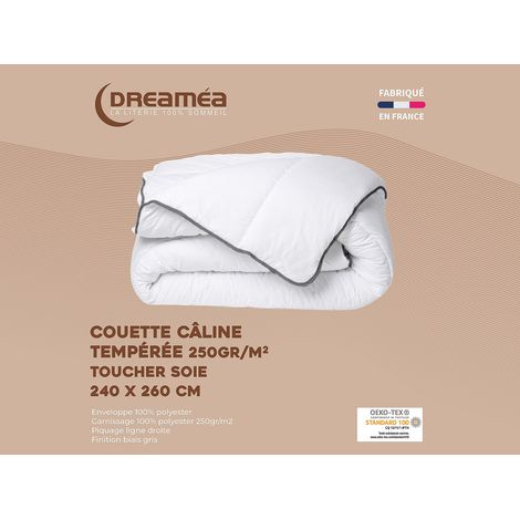 Couette Câline toucher soie 240 x 260 cm - 250 g/m² - Blanc biais gris - BIESYA
