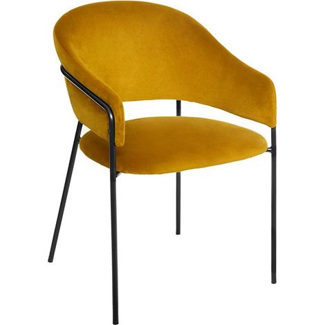 Atmosphera – Fauteuil velours moutarde – Structure acier noir – Revêtement polyester effet velours – Hauteur d'assise 46 cm – Dimensions L. 57 x l. 59 x H. 82 cm (1/5)