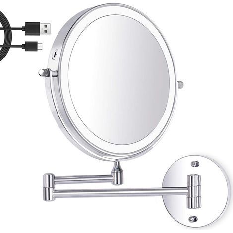 8 Pouces LED Miroir Maquillage Mural, Miroir Grossissant Lumineux, 1X/7X Grossissement 3 Couleurs de Lumière Réglables Charge USB, 360° Pivotant Extensible, pour Salles de Bain et Famille (1/4)