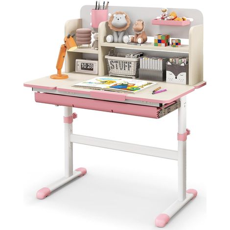 GOPLUS Bureau Enfant, Table d'Étude Réglable en Hauteur avec Rangement, Plateau Inclinable à 7 Niveaux, Tiroir, Support à Livre, Bureau Fille Garcon 3-12 Ans pour Maison École (Rose) (1/5)