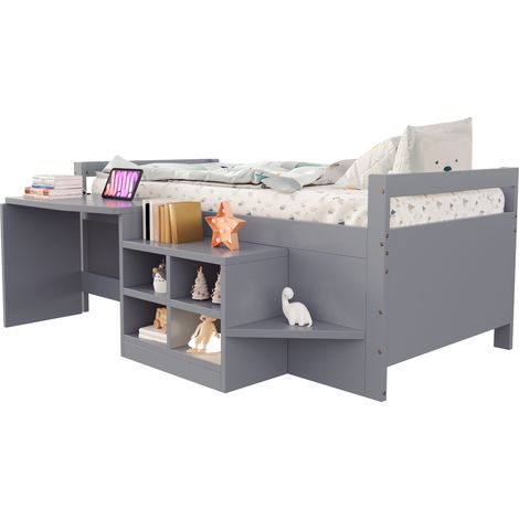 Lit enfant 90x200 cm avec rangements, bureau et prises USB, bois gris, 2 colis, pour chambre gain de place – CHICFURN (1/5)