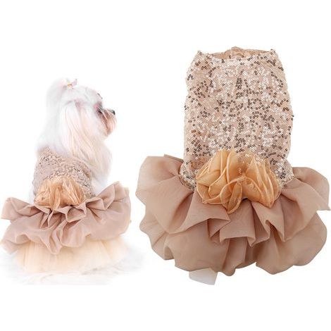 Jeffergarden Abito estivo in tessuto per animali domestici, cagnolino, cucciolo, gonna a bolle da principessa con paillettes, Costume da matrimonio (oro S) (1/4)