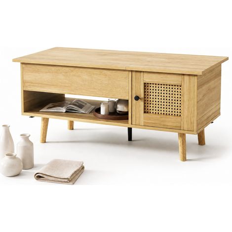 Table basse relevable avec rangements, portes effet résine tressée, finition bois clair et accents noirs pour salon moderne pratique CHICFURN (1/5)