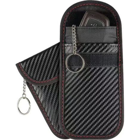 Lot de 2 Pochettes Blocage Signal RFID pour Clé Voiture, Étui de Protection anti RFID pour Clef Télécommande avec Anneau Porte-clé Intégré en Fibre de Carbone - Blocage Signal anti Piratage