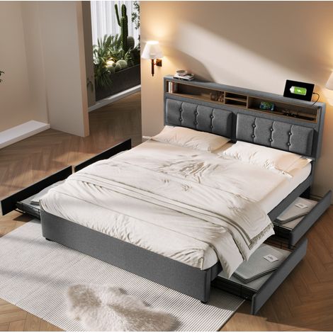 Cama tapizada 160/200 cm gris de lino con 4 cajones, cabecero regulable y toma USB-C (1/5)