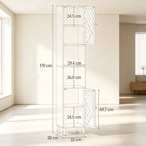 Meuble d'angle étroit haut moderne, armoire fine avec étagères ouvertes et portes décoratives, colonne de rangement sur pieds fins, grand espace de stockage (uniquement le meuble d'angle). (1/5)