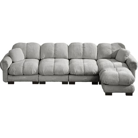 Modulares L‑Ecksofa mit 4 Sitzplätzen aus hellgrauem Chenille mit beweglicher Ottomane (1/5)