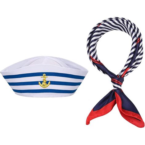 Kit de Déguisement Marin,Bonnet et Echarpe de Marin à Rayures Bleues et Blanches Ensemble Chapeau de Capitaine de Marin et Echarpe Costume de Marin de Capitaine pour Homme Femme Enfants Adultes (1/5)