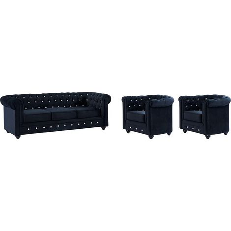 Divano 3 posti e 2 poltrone CHESTERFIELD in velluto Nero con bottoni effetto cristallo (1/5)