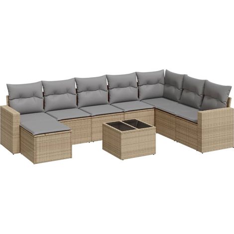Salon de jardin avec coussins 9 pcs Mobilier de jardin beige résine tressée (1/5)