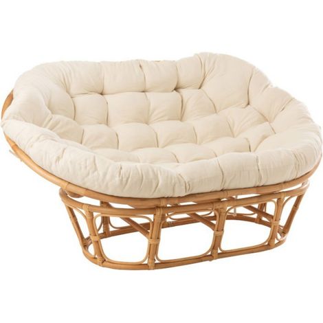 Hellin – Fauteuil en rotin naturel 179x155x36 cm – Coussin blanc – Réceptacle concave pour confort maximal – Piètement circulaire en rotin (1/5)