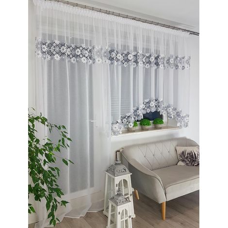 Juego de cortinas para balcón color blanco sable con guipur gris 300x150 cm + 140x250 cm (1/5)