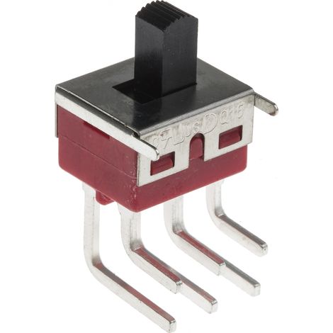 Commutateur à glissière, Bipolaire à deux directions (2RT), Verrouillable, 5A / 28Vdc, montage Circuit imprimé ( Prix pour 1 ) (1/2)