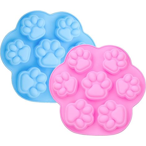 Moule en silicone alimentaire en forme de patte de chat et de chien, 8 cavités, pour glaçons, gâteaux et bonbons (bleu et rose). (1/5)