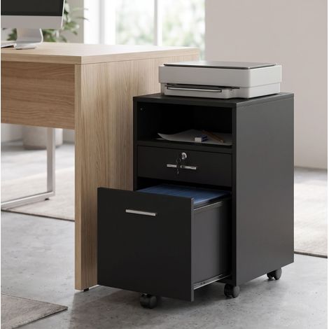 Cajonera de oficina sobre ruedas 40x40x65 cm con 2 cajones (uno con llave) y 5 ruedas, MDF negro (1/5)