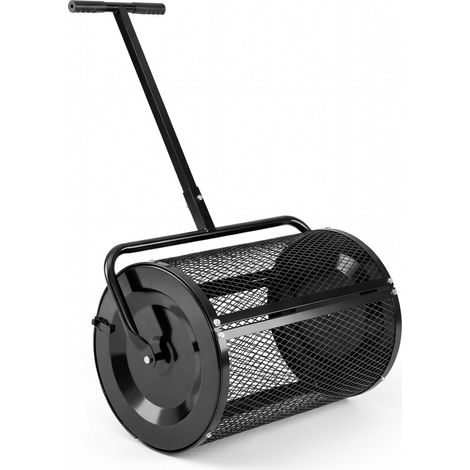 Épandeur de compost noir 61 cm à panier métallique avec poignée en T réglable et ouverture large pour jardin, ferme et paysage