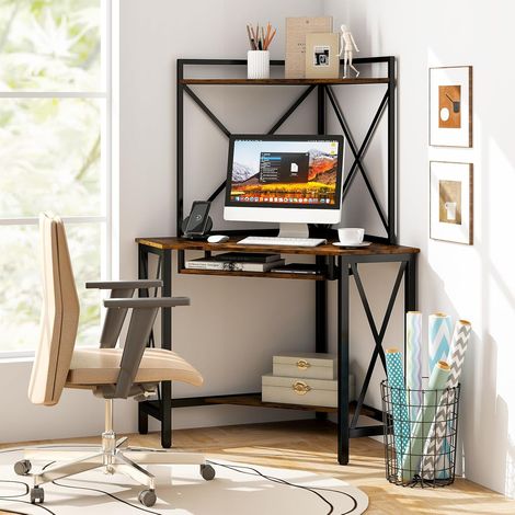 COSTWAY Escritorio para Computadora con Estantes, Escritorio de Esquina Ahorra Espacio con Bandeja para Teclado, Mesa Triangular para Oficina con Marco de Metal para Hogar Oficina (Marrón + Negro) (1/5)