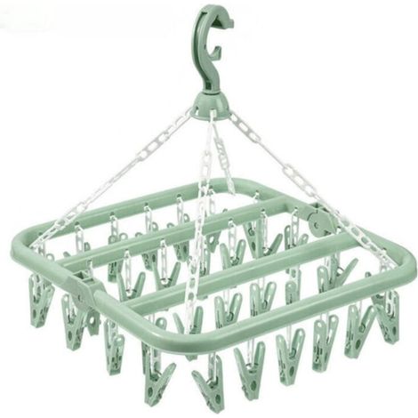 Porte-vêtements suspendu vert avec 32 pinces, coupe-vent, pour chaussettes/sous-vêtements (1/3)