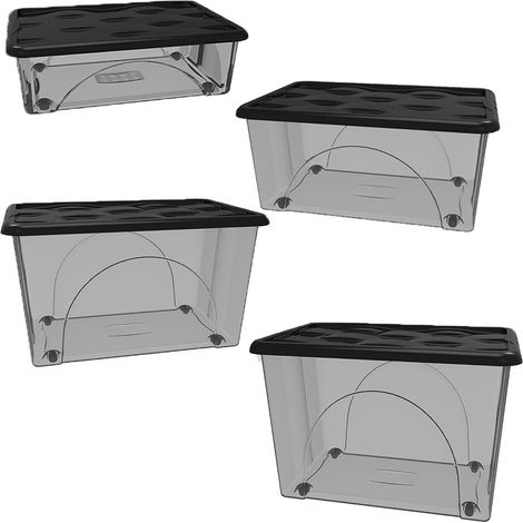 Set 4 box storage base fume coperchio nero Organizer Portaoggetti Contenitori Multiuso Salvaspazio Sovrapponibili organizzazione Casa Bagno Ufficio cesta indumenti varie misure (1/5)