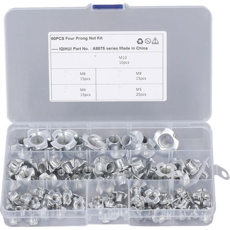 80 écrous à quatre mâchoires/clous à quatre mâchoires/écrous de forme irrégulière/accessoires de quincaillerie en acier au carbone, disponibles en 5 tailles