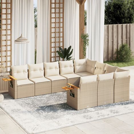 Ensemble Salon Jardin 10 Places Résine Tressée Beige avec Coussins Lavables - Mobilier Extérieur Modulaire avec Table d'Appoint (1/4)