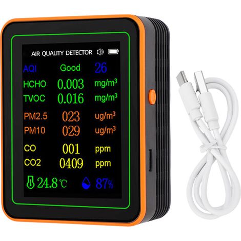 Detector de calidad del aire Eosnow, CO2, TVOC, HCHO, PM2.5, PM10, medidor de temperatura y humedad, pantalla TFT a color, visualización gráfica, color negro y naranja. (1/4)