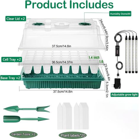 Kit de cultivo en invernadero, 2 bandejas de semillas de 40 celdas, kit de invernadero con brillo LED ajustable, temperatura y humedad ajustables, incluye etiquetas para plantas, herramientas de jardi (1/4)