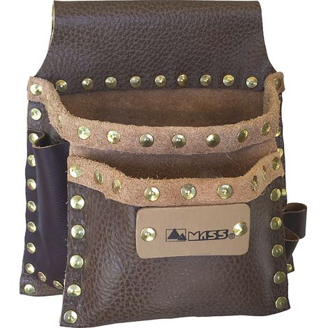 Doppelfach-Nageltasche / Nageltasche aus Leder genietet, mit 2 Taschen und Hammerschlaufe, braun, Typ 90EX, 337 x 263 x 57 mm