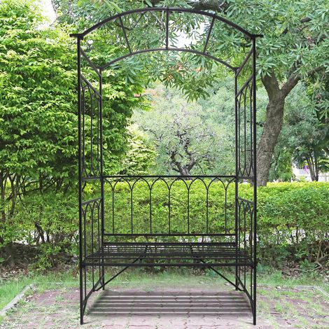 Outsunny Rosenbogen aus Metall Rankhilfe für Kletterpflanzen Gartenbogen mit Bank Spitze Rankbogen Torbogen für Rosen Bögen Rosenhilfe Rankgitter für Garten 115 x 50 x 203 cm Schwarz