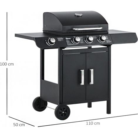 Chariot barbecue à gaz – 3 brûleurs + 1 brûleur latéral, régulateur de pression et tuyaux, acier noir, dimensions 110 x 50 x 100 cm – Cuisson extérieure complète (1/5)