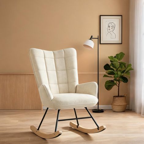 Fauteuil à bascule scandinave en velours beige avec dossier haut (1/5)
