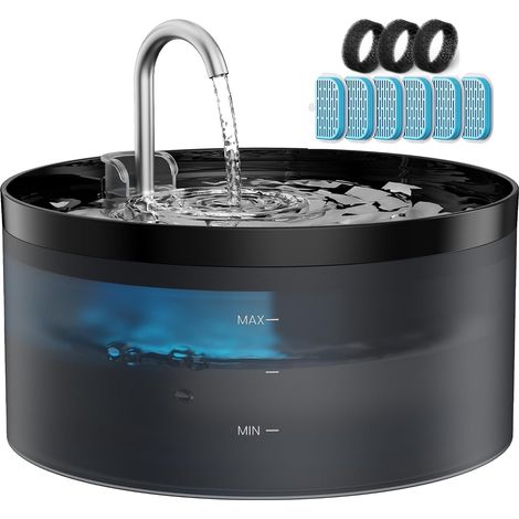 Fontaine a Eau Chat, 6 Filtres +3 Éponges, 3.2L Fontaine à Eau pour Chat avec Forme de Robinet, Pompe à Eau Super Silencieuse, Filtrer Les Poils Divers, Deux Modèles de Débit d'eau, Noir (1/5)