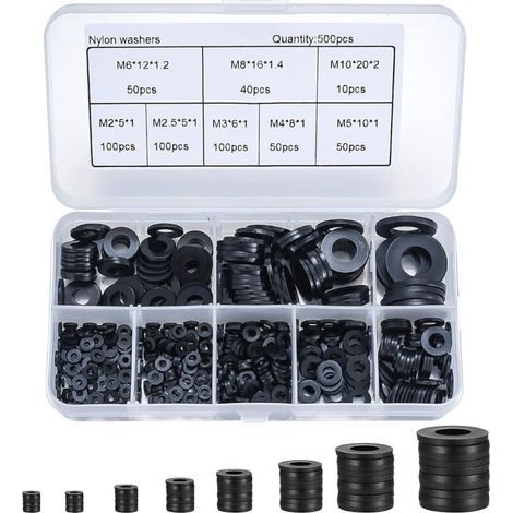 500 pièces rondelle plate en nylon, rondelle plate isolée joint rond joint d'étanchéité kit d'assortiment de tuyaux-M2/M2.5/M3/M4/M5/M6/M8/M10 (noir) (1/5)