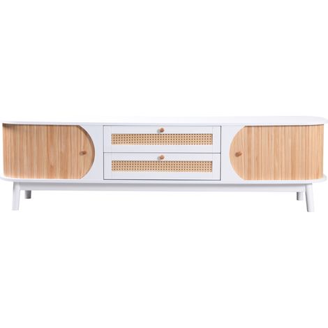 ELVMI TV-Schrank mit 2 Türen und 2 Schubladen, aus MDF, Weiß und Holzfarben, für Wohnzimmer, 170×39,5×46 cm (1/5)