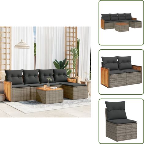 6-tlg. Garten-Sofagarnitur mit Kissen Grau Poly Rattan - Gartenmöbel Set - Rattan Möbel - Outdoor Lounge - Esstisch - Sofas