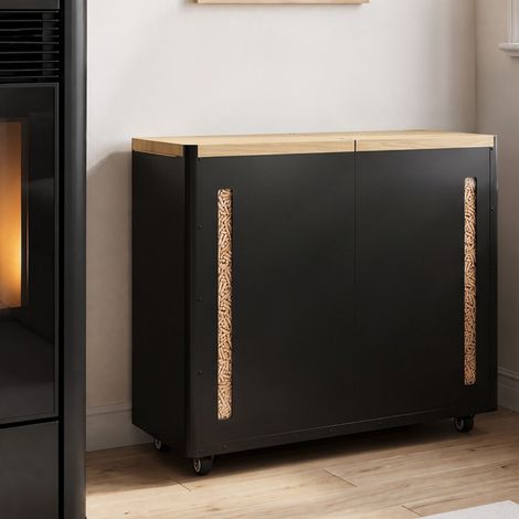 Depósito doble para pellets de 60 kg, negro y de madera, con espacio para guardar pellets y accesorios, 73 x 30 x 60 cm (1/5)