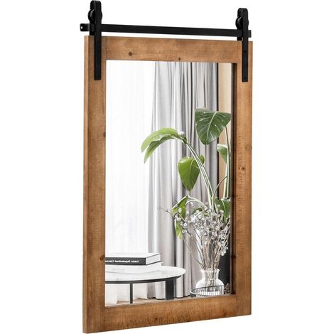 Specchio da parete rustico con cornice in legno e supporto in metallo 76x56 cm