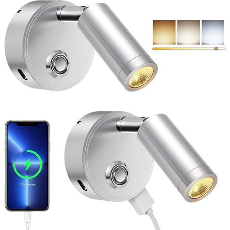 2er-Pack LED-Leselampe, 12 V, Wohnmobil, Touch-Dimmfunktion, 3 Farbtemperaturmodi, Ladefunktion, USB-A+C-Anschluss, DC 12–24 V, für Boote, Autos, Campingwagen, Yachten, Silber
